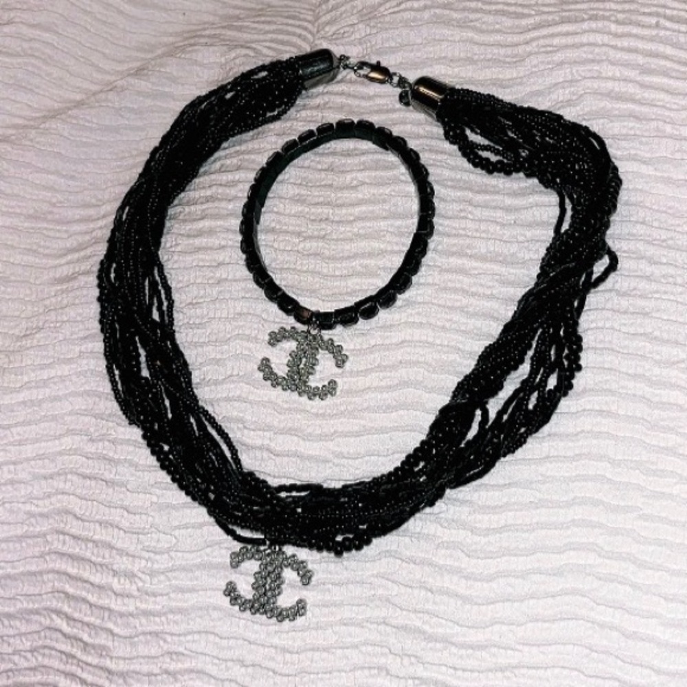 Elegant Black and Silver Up Cycled Chanel Charm Women's Necklace and Bracelet